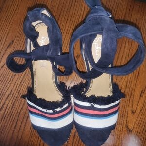 Splendid Wedge Sandals Navy, White & Salmon Sz 8.5